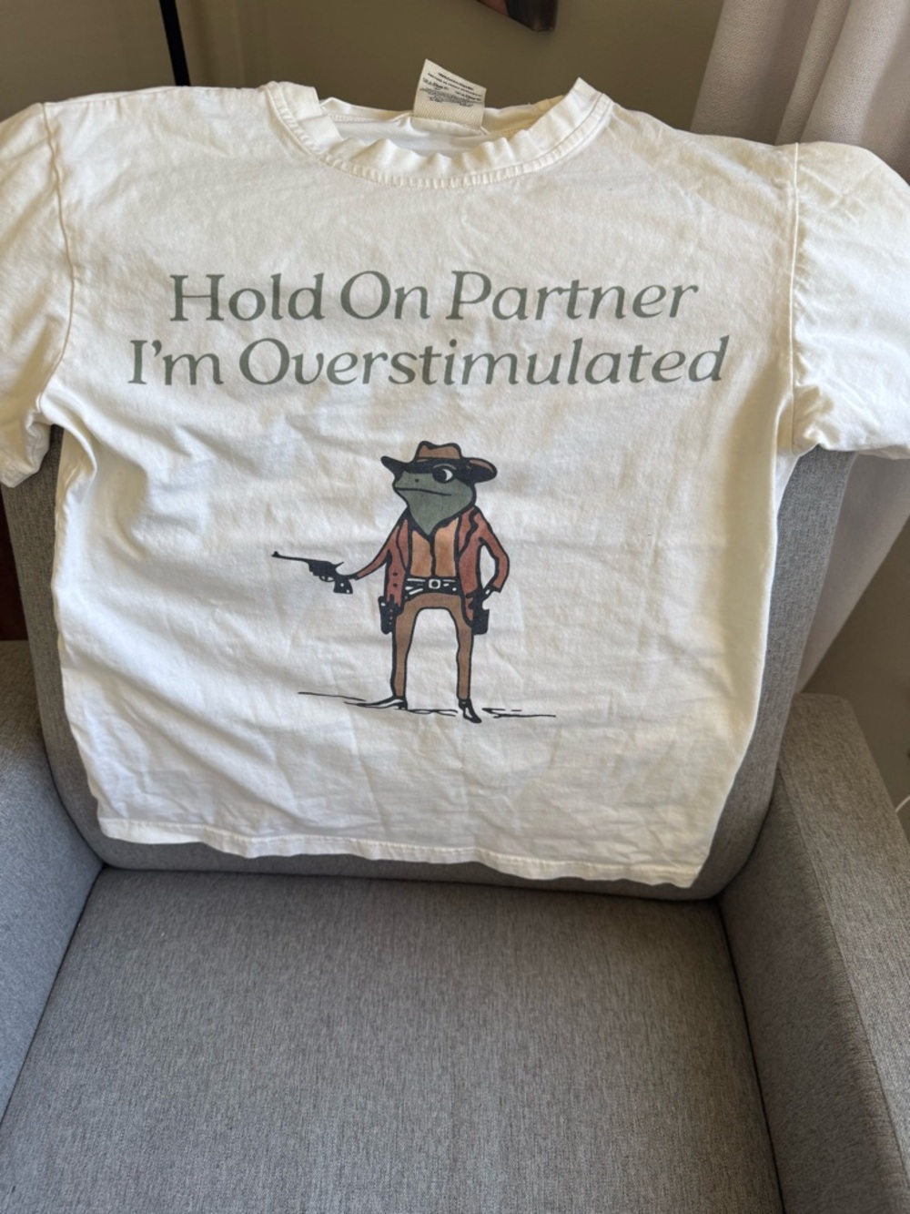 Off White Graphic Tee "Hold On Partner I'm Overstimulated"